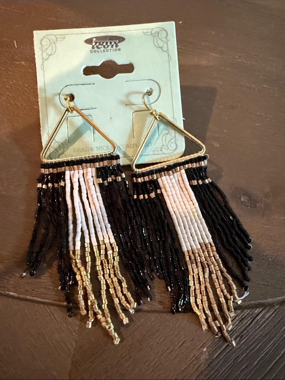 Beaded Fringe Triangle Drop Earrings - Black, White & Gold - ICON COLLECTION